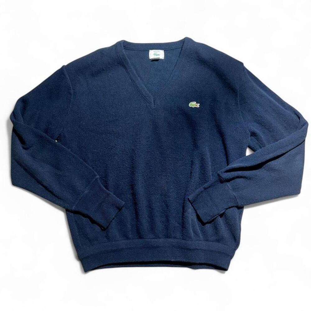 Vintage IZOD Lacoste Navy V Neck Luxury Preppy Sweater Size Large Made In USA